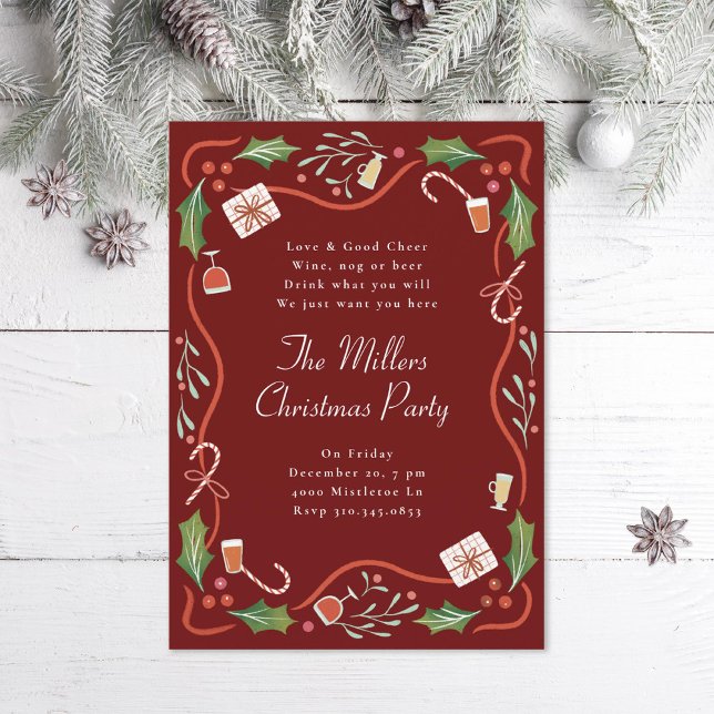 Illustrated Holly Christmas Frame Holiday Party Invitation (Creator Uploaded)