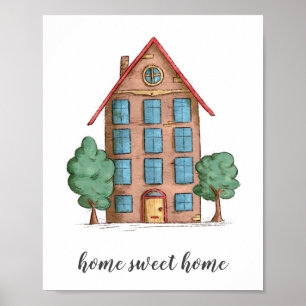 Illustrated Home Sweet Home Apartment Building Poster