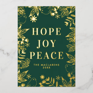 Illustrated Hope Joy Peace Green and Gold No Photo Foil Holiday Card