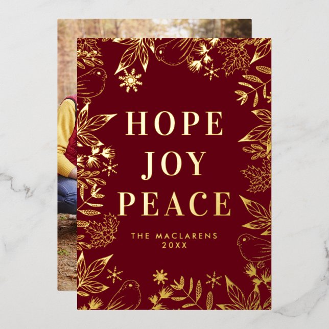 Illustrated Hope Joy Peace Red and Gold Photo Foil Holiday Card (Front/Back)