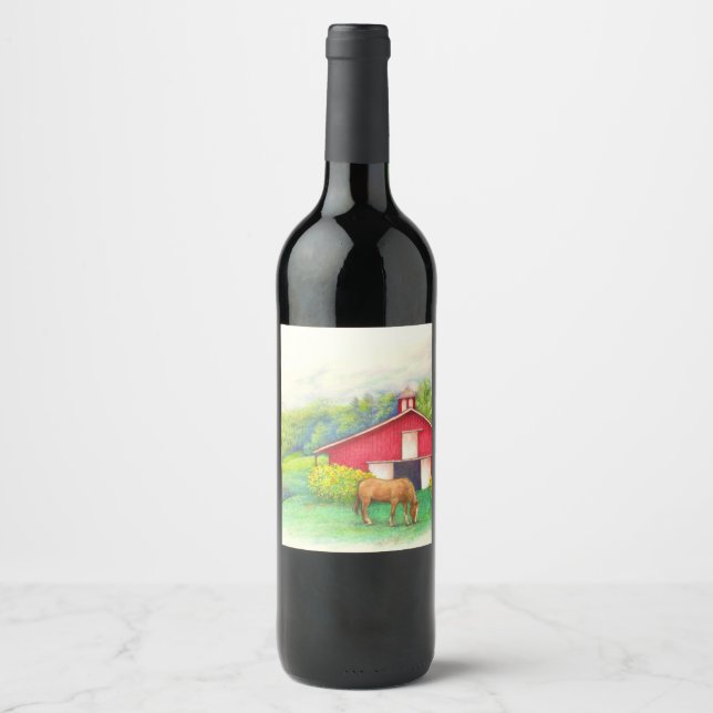 Illustrated Horse Red Barn and Sunflower Wine Label (Front)