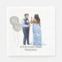 Illustrated Interracial Couple Wedding Napkins