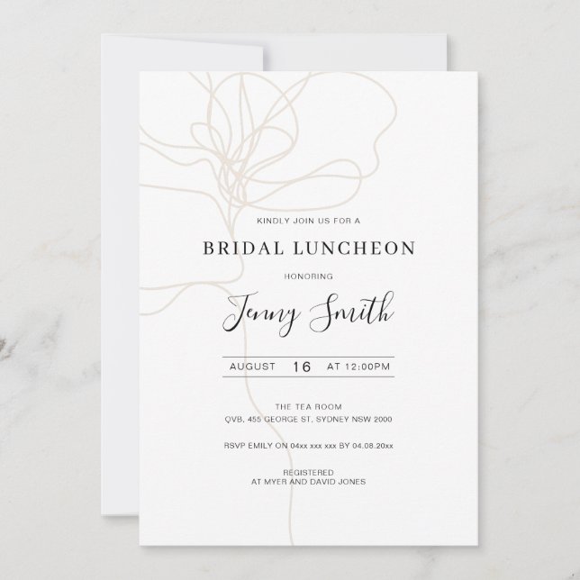 Illustrated line art bridal luncheon invitation (Front)
