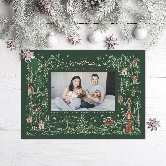 Illustrated Little Town Winter Scene Green Photo Holiday Card (Creator Uploaded)