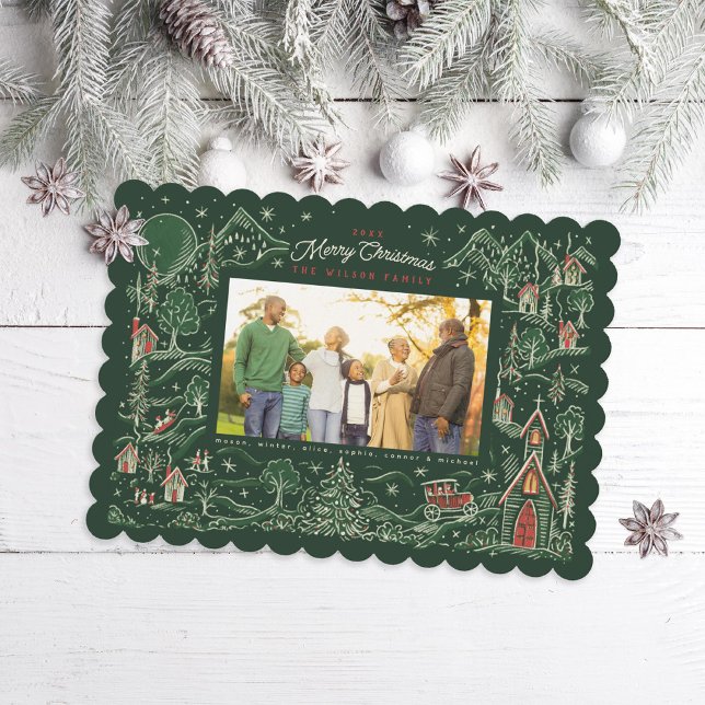 Illustrated Little Town Winter Scene Green Photo Holiday Card (Creator Uploaded)