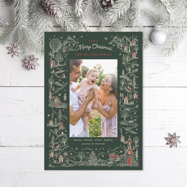 Illustrated Little Town Winter Scene Portrait Phot Holiday Card (Creator Uploaded)