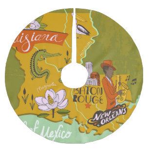 Illustrated Louisiana map: travel highlights. Brushed Polyester Tree Skirt