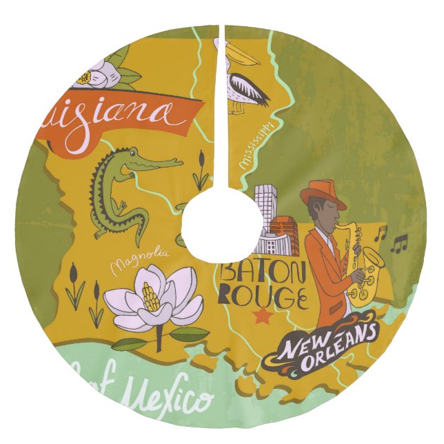 Illustrated Louisiana map: travel highlights. Brushed Polyester Tree Skirt (Front)