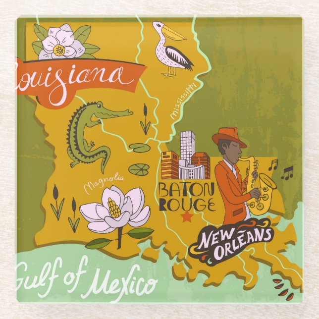 Illustrated Louisiana map: travel highlights. Glass Coaster (Front)