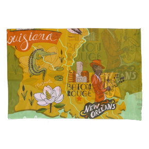 Illustrated Louisiana map: travel highlights. Pillowcase
