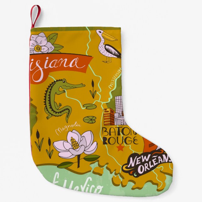 Illustrated Louisiana map: travel highlights. Small Christmas Stocking (Front)
