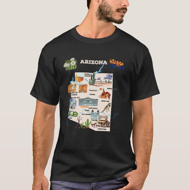 Illustrated map of Arizona in the USA cities symbo T-Shirt (Front)
