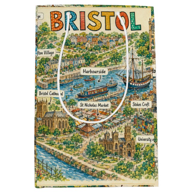 Illustrated Map of Bristol Landmarks Medium Gift Bag (Front)
