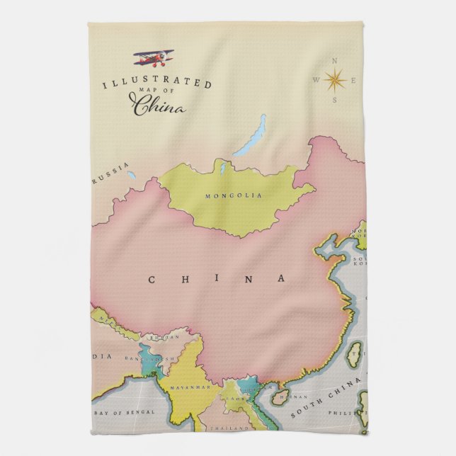 Illustrated map of china tea towel (Vertical)