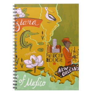 Illustrated map of Louisiana, USA. Travel and attr Notebook