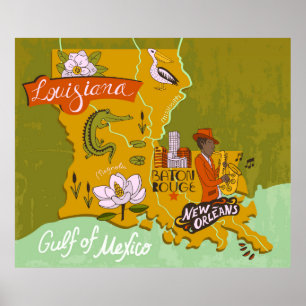 Illustrated map of Louisiana, USA. Travel and attr Poster