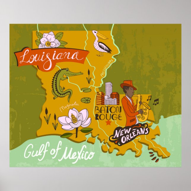 Illustrated map of Louisiana, USA. Travel and attr Poster (Front)