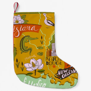 Illustrated map of Louisiana, USA. Travel and attr Small Christmas Stocking
