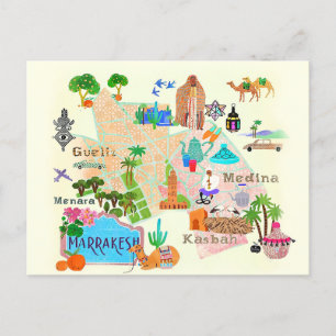 Illustrated Map of Marrakech Postcard