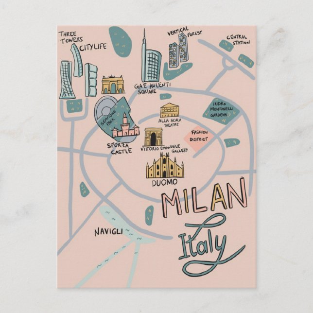 Illustrated map of Milan City - Italy Postcard (Front)