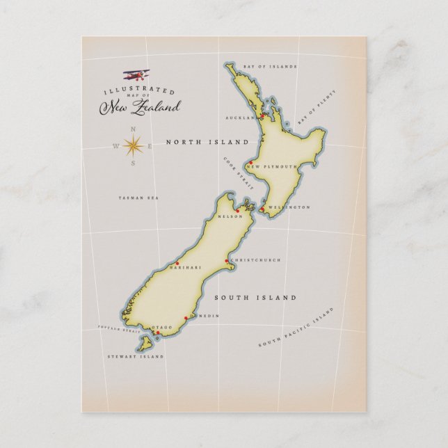 Illustrated map of New Zealand Postcard (Front)