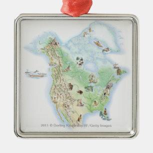 Illustrated map of North America Metal Tree Decoration