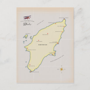Illustrated map of Rhodes. Postcard
