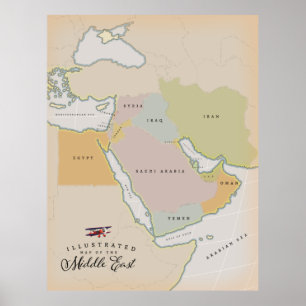 Illustrated map of the Middle East. Poster