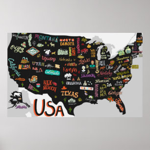 Illustrated map of the USA. Poster with states and