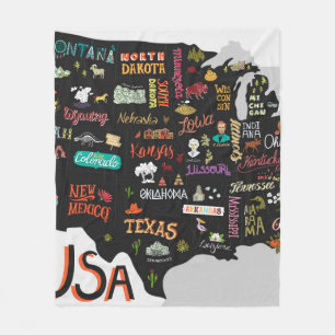 Illustrated map of the USA. Poster with states and Fleece Blanket