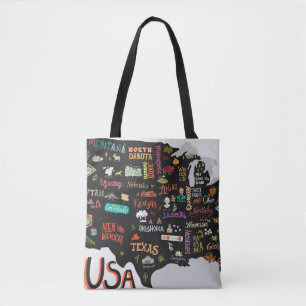 Illustrated map of the USA. Poster with states and Tote Bag