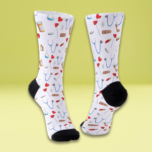 Illustrated medical worker doctor nurse pattern socks