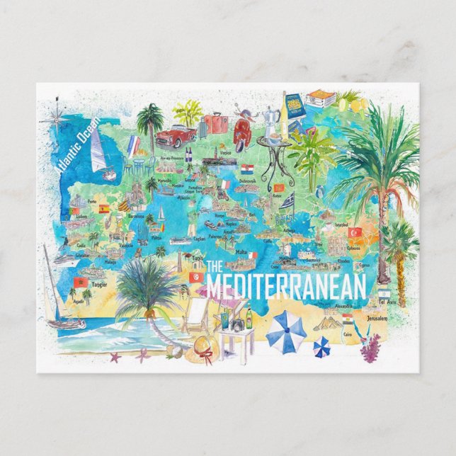 Illustrated Mediterranean Sea Travel Map Postcard (Front)