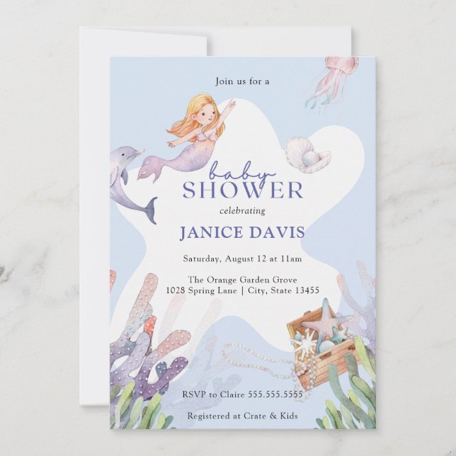 Illustrated Mermaid Baby Shower Invitation (Front)