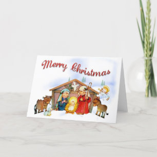 Illustrated Merry Christmas Manger Holiday Card