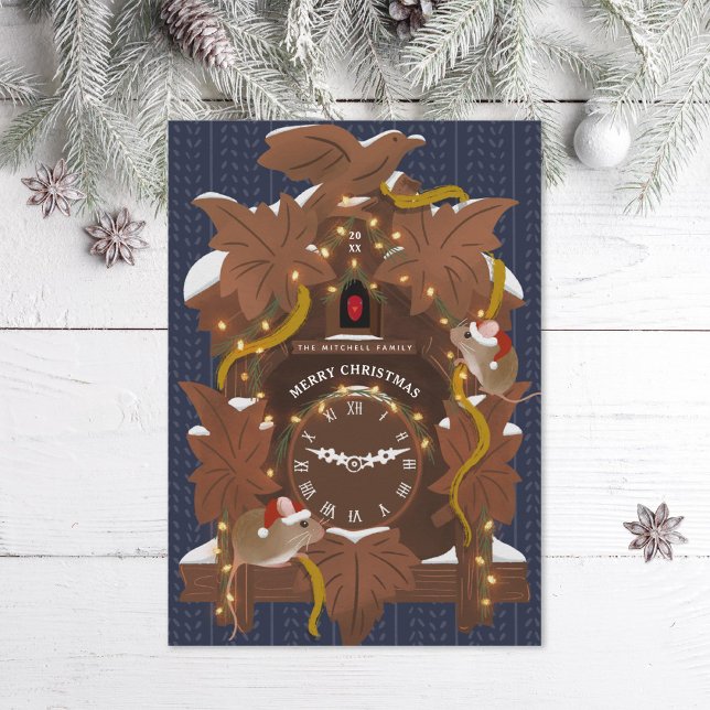 Illustrated Mice on Christmas Cuckoo Clock Blue Holiday Card (Creator Uploaded)