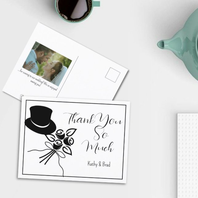 Illustrated Minimalist B/W Script Wedding Thanks Postcard (Creator Uploaded)