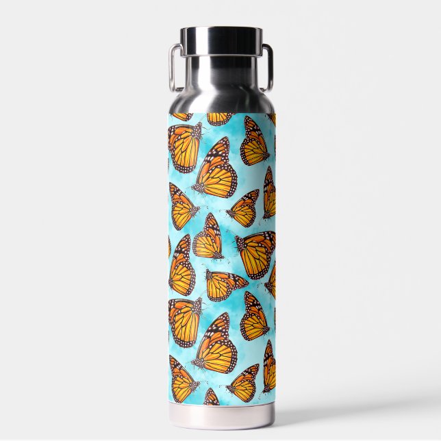 Illustrated Monarch Butterflies on Aqua Clouds Water Bottle (Front)