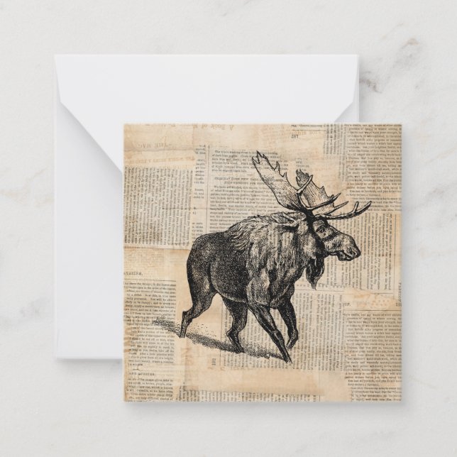 Illustrated Moose Art with Newspaper Text Style Card (Front)