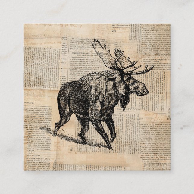 Illustrated Moose Art with Newspaper Text Style Enclosure Card (Front)