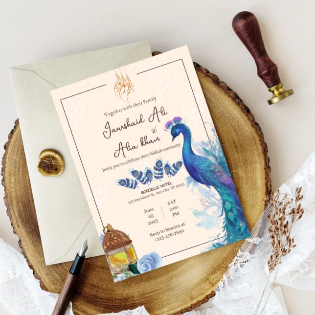 illustrated Muslim peacock Nikkah Invitation card (illustrated peacock nikkah invitation wedding card muslim arabian nikkah nikah)