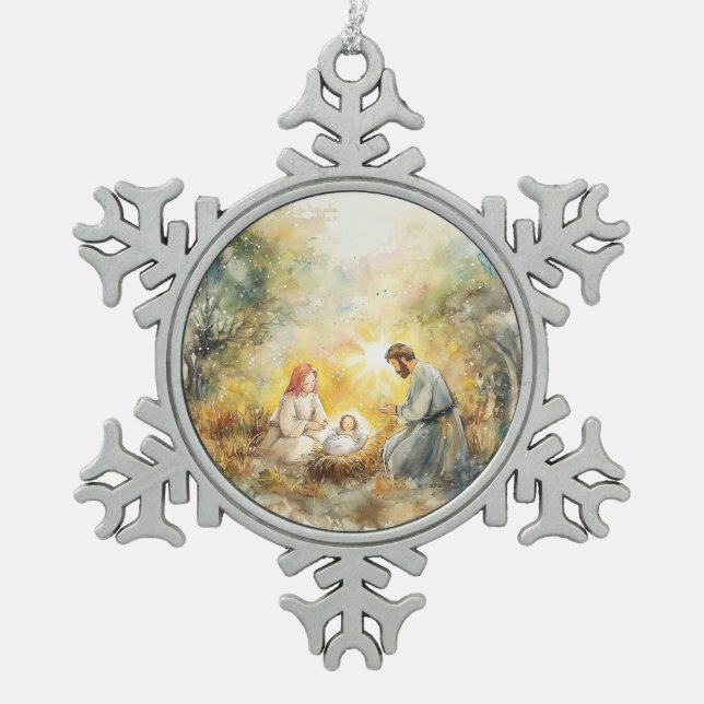 Illustrated Nativity Scene | Snowflake Pewter Christmas Ornament (Front)