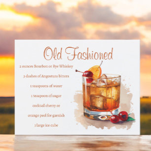 Illustrated Old Fashioned Cocktail Recipe Postcard