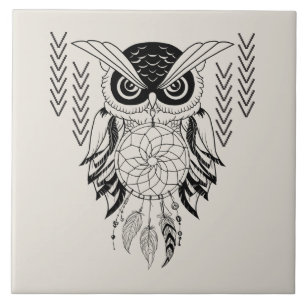 Illustrated Owl with dream catcher Tile