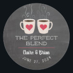 Illustrated Perfect Blend Heart Mugs Favour Classic Round Sticker<br><div class="desc">A sweet pair of illustrated steaming mugs of rich dark coffee,  tea or hot chocolate decorate this charming shower or wedding favour sticker. Personalise all text including the for a truly one of a kind label.</div>