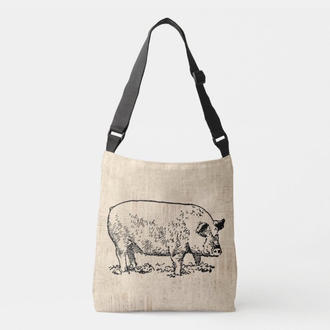 Illustrated Pig with Vintage Script Background Crossbody Bag (Front)