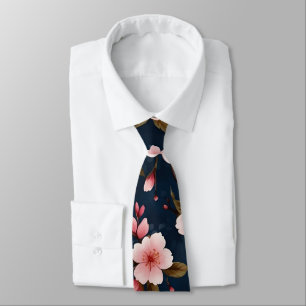 Illustrated Pink and Blue Cherry Blossom Pattern Tie