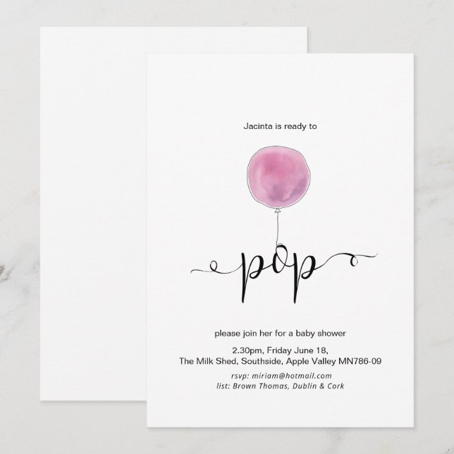 Illustrated Pink Balloon Ready to Pop Baby Shower Invitation (Front/Back)