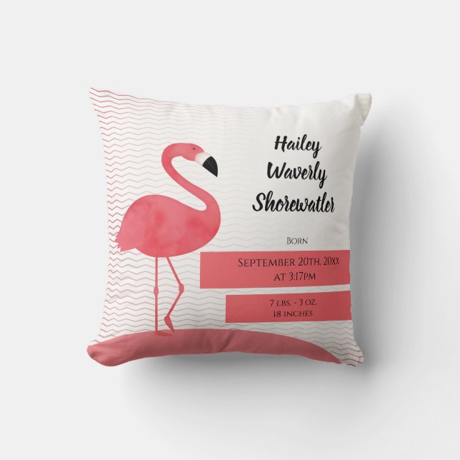 Illustrated Pink Flamingo Animal Birth Pillow Name (Front)