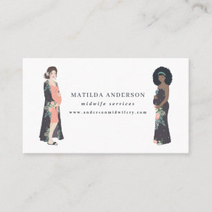 Illustrated pregnant mum colourful + floral business card